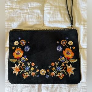 Floral Embroidered Black Clutch with Wristlet